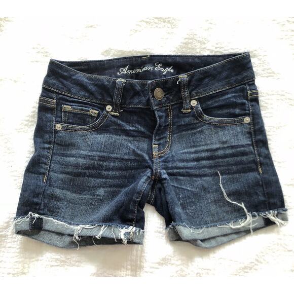 American Eagle Outfitters Pants - American Eagle Stretch Size 0 Dark Wash Denim Fringe Roll Cuff Jean Shorts
